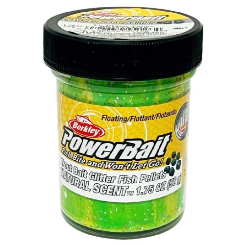 028632551264 - PowerBait med glimmer - FLUORESCENT GREEN YELLOW med fish pellets