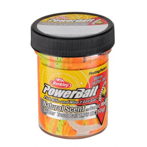 028632927205 - PowerBait med glimmer - TEQUILA FIRE (orange / gul) med hvidløg + orm