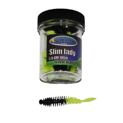 747191999392 - Waterstar - Rubber Baits - Model: Slim Lady - 5,5 cm - 10 stk. - Farve: Gul/Sort - Smag: Hvidløg